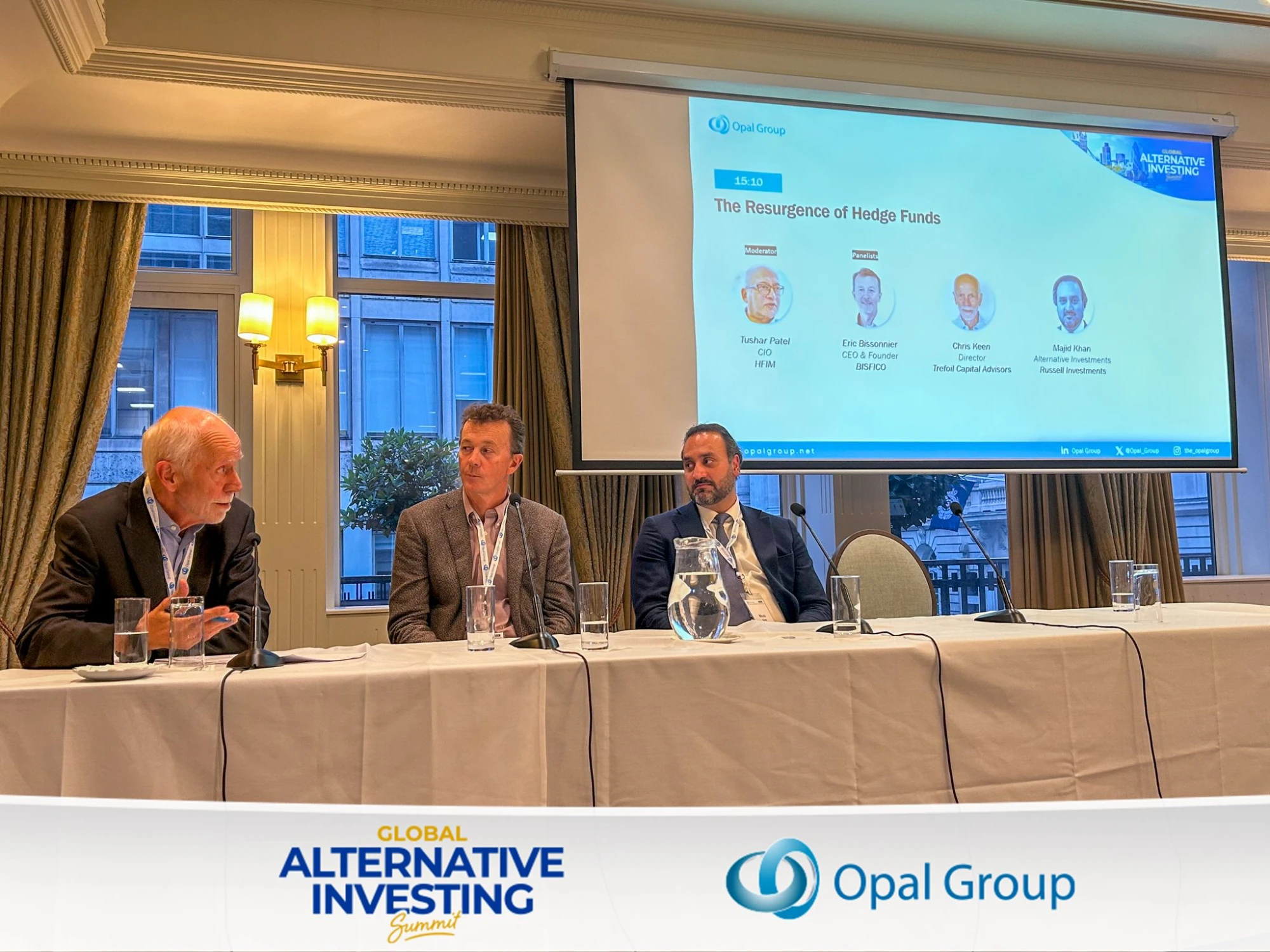 Eric Bissonnier (centre) on the “The Resurgence of Hedge Funds” panel at the Opal Group Global Alternative Investing Summit in London.